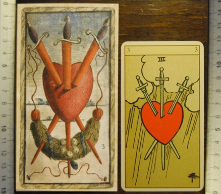 Analogies between 3 of Swords from Sola-Busca Tarot (1491) and 3 of Sords from Rider-Waite Tarot (1910)