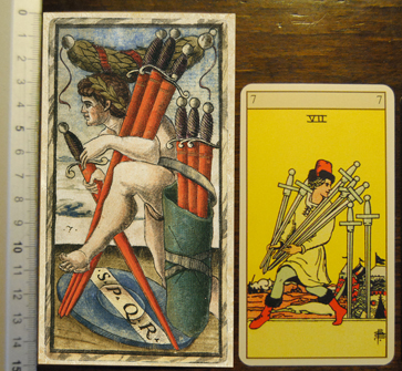 Analogies between 7 of Swords from Sola-Busca Tarot (1491) and 7 of Swords from Rider-Waite Tarot (1910)