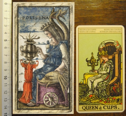 Analogies between Queen of Cups from Sola-Busca Tarot (1491) and Queen of Cups from Rider-Waite Tarot (1910)